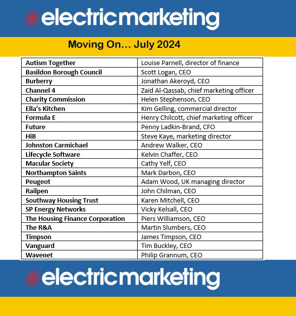 Moving On... July 2024. electricmarketing.co.uk/moving-on-july 

These senior executives have moved on from their roles in the last few weeks.   

You can use this free list from Electric Marketing to update your records.
