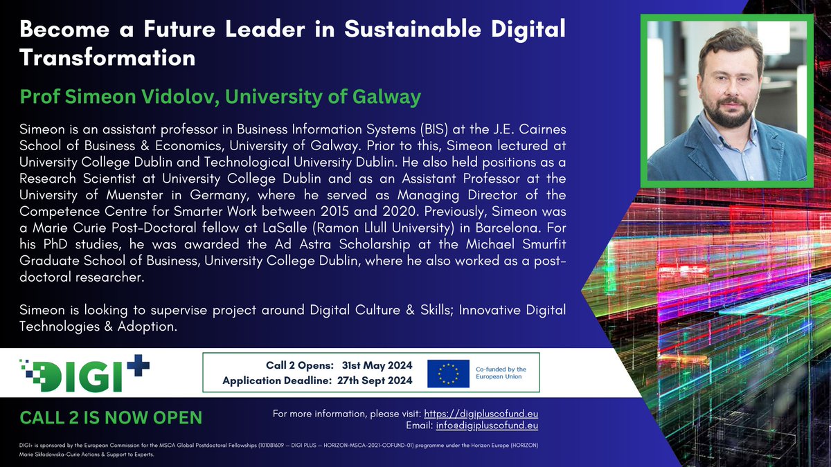 DIGI+ (@infodigiplus) on Twitter photo Meet our DIGI+ Supervisors - Prof Simeon Vidolov from <a href="/uniofgalway/">Ollscoil na Gaillimhe | University of Galway</a> - digipluscofund.eu/supervisors/si………!
NEW DIGI+ Application Deadline: 27th September 2024! #MSCA #COFUND <a href="/Actornetwork/">Simeon Vidolov</a> Meet our DIGI+ Supervisors - Prof Simeon Vidolov from <a href="/uniofgalway/">Ollscoil na Gaillimhe | University of Galway</a> - digipluscofund.eu/supervisors/si………!
NEW DIGI+ Application Deadline: 27th September 2024! #MSCA #COFUND <a href="/Actornetwork/">Simeon Vidolov</a>