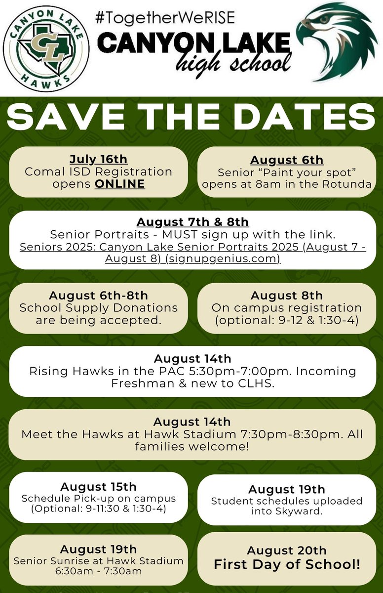 Upcoming important events! #TogetherWeRise <a href="/CLHSPrincipal/">Mark Oberholtzer</a>  <a href="/CLHSNLMorrisAP/">Nicole L. Morris</a> <a href="/jessicamccoyAP/">Jessica McCoy</a> <a href="/Ms_Raabe/">Liesel Raabe</a> <a href="/CLHS_Counselor/">Sara Johnson</a>