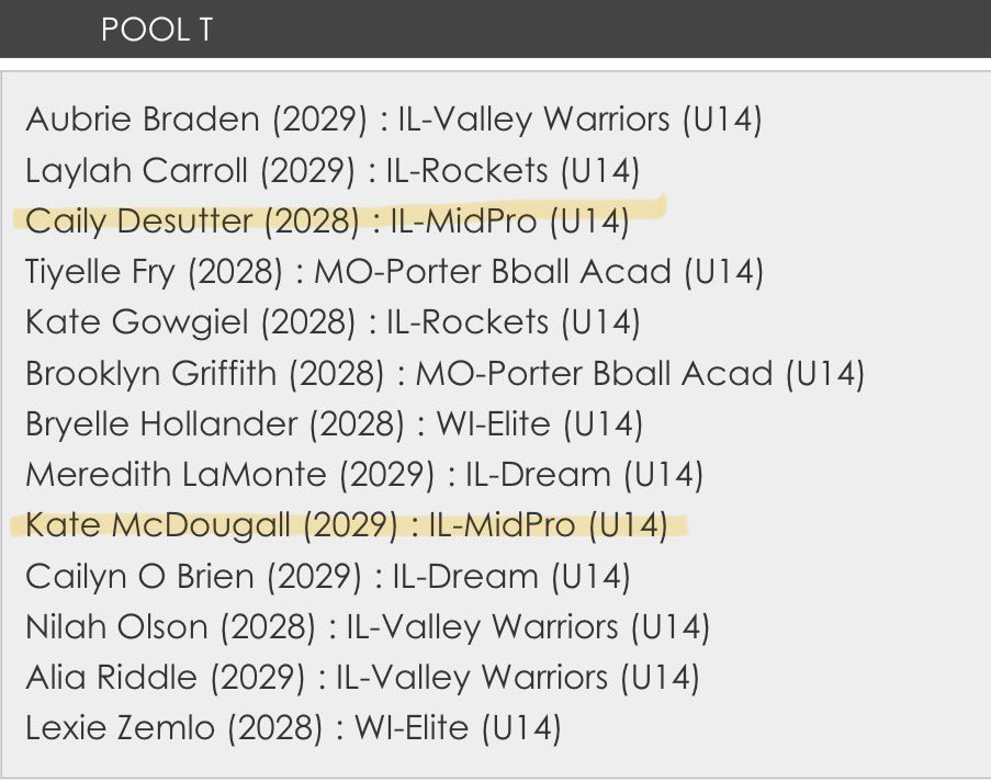 Midwest Prospect Academy Girls (@midprogirls) on Twitter photo All Star team selections for last weekend’s <a href="/USJN/">USJN</a> March to the Arch! Congrats ladies!
17U: Katie Brock
15U: Gianna Ramirez & Sahara Streitmatter
14U: Cally DeSutter & Kate McDougall
<a href="/callydesutter15/">Cally DeSutter</a>
<a href="/kate_mcdougall1/">Kate McDougall</a> All Star team selections for last weekend’s <a href="/USJN/">USJN</a> March to the Arch! Congrats ladies!
17U: Katie Brock
15U: Gianna Ramirez & Sahara Streitmatter
14U: Cally DeSutter & Kate McDougall
<a href="/callydesutter15/">Cally DeSutter</a>
<a href="/kate_mcdougall1/">Kate McDougall</a>
