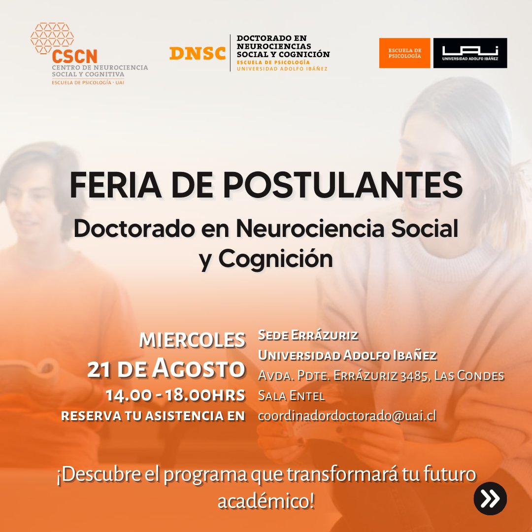 cscn_uai's tweet image. 📢 ¡No te pierdas la Feria de Postulantes del Doctorado en Neurociencia Social y Cognición!
¿Estás interesado en unirte a un programa de doctorado que transformará tu futuro académico? 🌟 ¡Te invitamos a nuestra Feria de Postulantes!