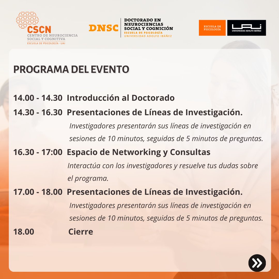 cscn_uai's tweet image. 📢 ¡No te pierdas la Feria de Postulantes del Doctorado en Neurociencia Social y Cognición!
¿Estás interesado en unirte a un programa de doctorado que transformará tu futuro académico? 🌟 ¡Te invitamos a nuestra Feria de Postulantes!