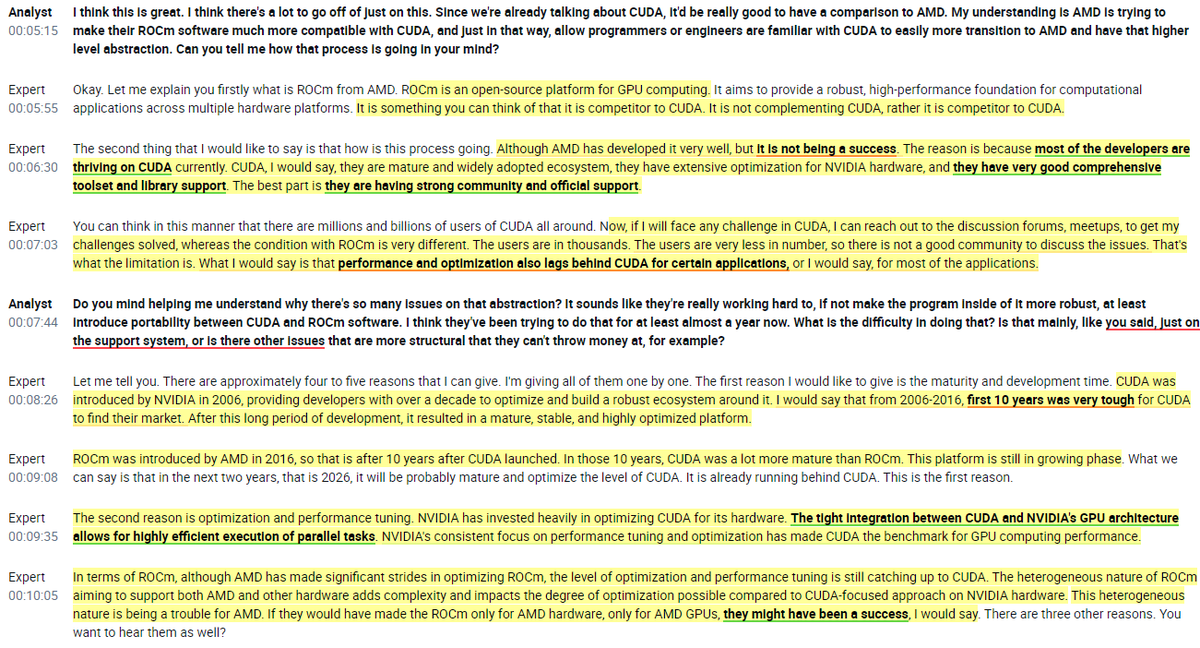 RihardJarc's tweet photo. Interview with a Former $NVDA employee on what is next for the semi-market and $NVDA's CUDA in detail:

1. $AMD's answer to $NVDA's CUDA is ROCm. But he thinks there are big differences between these two. CUDA is a mature ecosystem, and most developers know CUDA as it has been around since 2006. CUDA is also much more optimized and stable.

2. $AMD has made significant strides in optimizing ROCm, but it still needs to catch up with CUDA. He also thinks ROCm's disadvantage is its heterogeneous nature of supporting $AMD and other hardware, which adds to the complexity. CUDA, on the other hand, is optimized for $NVDA hardware only.

3. CUDA has an extensive layer of libraries, while ROCm's libraries are still evolving. He also notes that ROCm is not doing well with partnerships compared to CUDA, which has partnerships with hyperscalers.

4. He thinks $AMZN AWS's Trainium chip is performance wise between $NVDA H100 and $NVDA A100. He really likes H100 for LLMs; with the introduction of P5 instances, they have reduced training costs by 40%.

5. He sees a few bottlenecks for the industry, including $NVDA:
- Advanced nodes with issues related to yield, defect densities, and overall process stability
- Material limitation, with silicon reaching physical limits now.
- Heat dissipation challenge. He notes that $NVDA is having difficulty balancing power consumption with performance.
- Interconnected latency. While $NVDA has developed NVLink and Infinity Fabric, there are still issues surrounding this topic.

6. In his view, the most exciting developments in the industry are optical interconnects, where people are exploring optical interconnects to replace traditional copper-based interconnects, offering higher bandwidth and lower latency.

7. $NVDA, $MRVL, and $AVGO are currently in a race to develop optical interconnects with 1.6T transceivers.