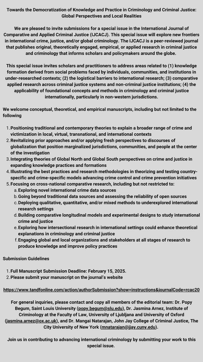 IJCACJ's tweet photo. Call for Papers!
 
Submit your work to IJCACJ’s special issue entitled, Towards the Democratization of Knowledge and Practice in Criminology and Criminal Justice: Global Perspectives and Local Realities.
 
Submit by February 15, 2025 https://t.co/36H4G99d0K