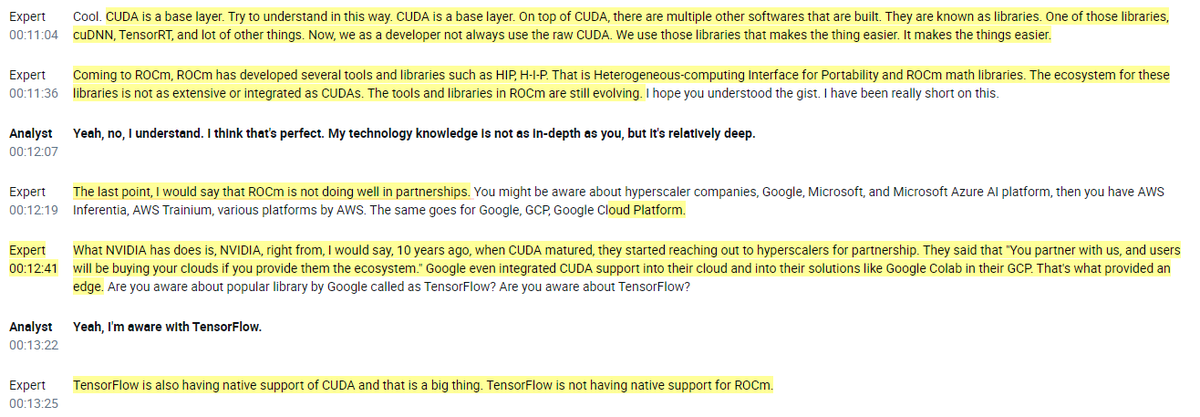 RihardJarc's tweet photo. Interview with a Former $NVDA employee on what is next for the semi-market and $NVDA's CUDA in detail:

1. $AMD's answer to $NVDA's CUDA is ROCm. But he thinks there are big differences between these two. CUDA is a mature ecosystem, and most developers know CUDA as it has been around since 2006. CUDA is also much more optimized and stable.

2. $AMD has made significant strides in optimizing ROCm, but it still needs to catch up with CUDA. He also thinks ROCm's disadvantage is its heterogeneous nature of supporting $AMD and other hardware, which adds to the complexity. CUDA, on the other hand, is optimized for $NVDA hardware only.

3. CUDA has an extensive layer of libraries, while ROCm's libraries are still evolving. He also notes that ROCm is not doing well with partnerships compared to CUDA, which has partnerships with hyperscalers.

4. He thinks $AMZN AWS's Trainium chip is performance wise between $NVDA H100 and $NVDA A100. He really likes H100 for LLMs; with the introduction of P5 instances, they have reduced training costs by 40%.

5. He sees a few bottlenecks for the industry, including $NVDA:
- Advanced nodes with issues related to yield, defect densities, and overall process stability
- Material limitation, with silicon reaching physical limits now.
- Heat dissipation challenge. He notes that $NVDA is having difficulty balancing power consumption with performance.
- Interconnected latency. While $NVDA has developed NVLink and Infinity Fabric, there are still issues surrounding this topic.

6. In his view, the most exciting developments in the industry are optical interconnects, where people are exploring optical interconnects to replace traditional copper-based interconnects, offering higher bandwidth and lower latency.

7. $NVDA, $MRVL, and $AVGO are currently in a race to develop optical interconnects with 1.6T transceivers.