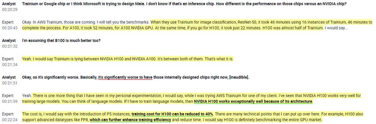 RihardJarc's tweet photo. Interview with a Former $NVDA employee on what is next for the semi-market and $NVDA's CUDA in detail:

1. $AMD's answer to $NVDA's CUDA is ROCm. But he thinks there are big differences between these two. CUDA is a mature ecosystem, and most developers know CUDA as it has been around since 2006. CUDA is also much more optimized and stable.

2. $AMD has made significant strides in optimizing ROCm, but it still needs to catch up with CUDA. He also thinks ROCm's disadvantage is its heterogeneous nature of supporting $AMD and other hardware, which adds to the complexity. CUDA, on the other hand, is optimized for $NVDA hardware only.

3. CUDA has an extensive layer of libraries, while ROCm's libraries are still evolving. He also notes that ROCm is not doing well with partnerships compared to CUDA, which has partnerships with hyperscalers.

4. He thinks $AMZN AWS's Trainium chip is performance wise between $NVDA H100 and $NVDA A100. He really likes H100 for LLMs; with the introduction of P5 instances, they have reduced training costs by 40%.

5. He sees a few bottlenecks for the industry, including $NVDA:
- Advanced nodes with issues related to yield, defect densities, and overall process stability
- Material limitation, with silicon reaching physical limits now.
- Heat dissipation challenge. He notes that $NVDA is having difficulty balancing power consumption with performance.
- Interconnected latency. While $NVDA has developed NVLink and Infinity Fabric, there are still issues surrounding this topic.

6. In his view, the most exciting developments in the industry are optical interconnects, where people are exploring optical interconnects to replace traditional copper-based interconnects, offering higher bandwidth and lower latency.

7. $NVDA, $MRVL, and $AVGO are currently in a race to develop optical interconnects with 1.6T transceivers.
