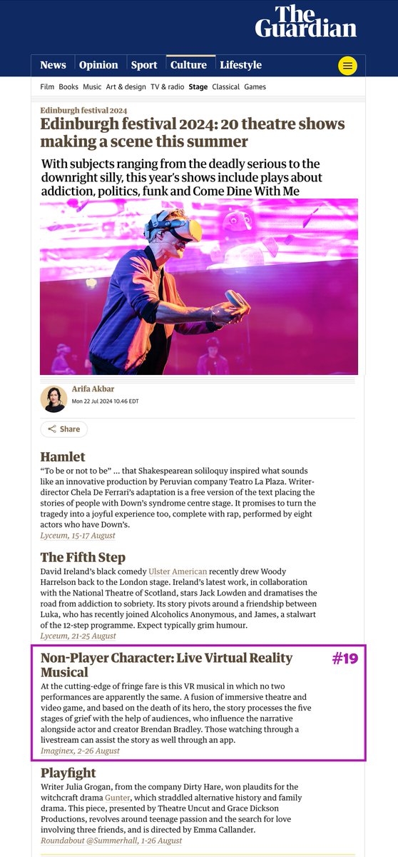 Brendan Bradley (@brendanabradley) on Twitter photo I am speechless. #NPCmusical at <a href="/YotelHQ/">YOTEL</a> <a href="/ZOOvenues/">ZOO</a> named one of...
THE <a href="/GUARDIAN/">The Guardian</a>'S TOP 20 PICKS FOR <a href="/EDFRINGE/">Edinburgh Festival Fringe</a>!
theguardian.com/stage/article/…
If you're coming to #edfringe get tickets ASAP
go.npcmusical.com/x
or join the livestream watch.npcmusical.live
#unleashyourfringe I am speechless. #NPCmusical at <a href="/YotelHQ/">YOTEL</a> <a href="/ZOOvenues/">ZOO</a> named one of...
THE <a href="/GUARDIAN/">The Guardian</a>'S TOP 20 PICKS FOR <a href="/EDFRINGE/">Edinburgh Festival Fringe</a>!
theguardian.com/stage/article/…
If you're coming to #edfringe get tickets ASAP
go.npcmusical.com/x
or join the livestream watch.npcmusical.live
#unleashyourfringe