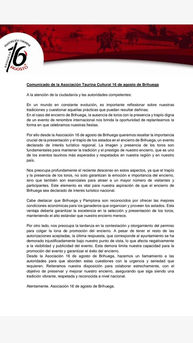 Comunicado de la Asociación Taurina 16 de agosto.
