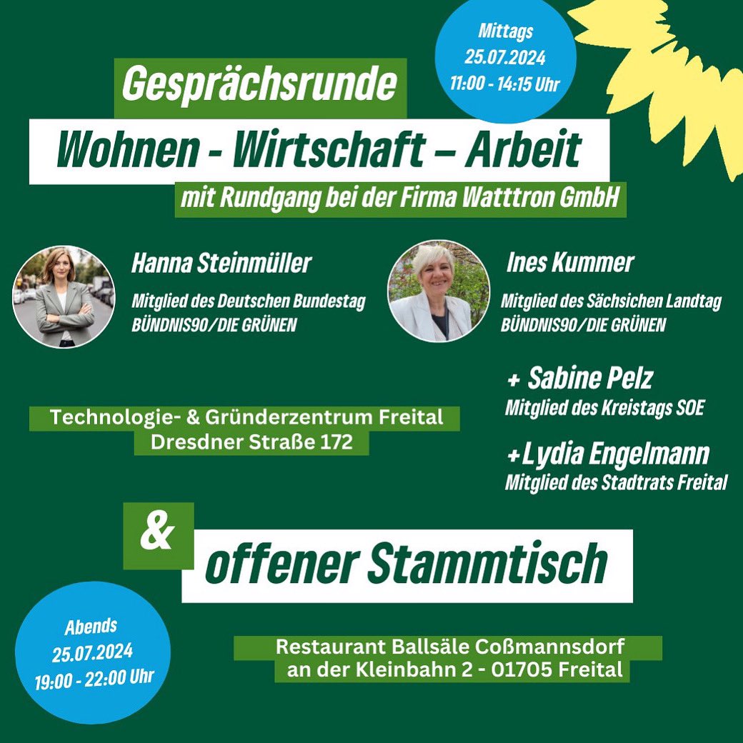 Ines Kummer 🌻 (@kummerines) on Twitter photo Wir laden dich herzlich ein, zu einer spannenden Gesprächsrunde mit u.a:
<a href="/HanSteinmueller/">Hanna Steinmüller</a>
<a href="/EngelmannLydia/">🌻Lydia Engelmann🌻</a>
Meldet euch gern vorher an unter gruener-laden.pir@ineskummer.de.
#Buendnis90DieGruenen #DieGruenen #InesKummer #MdL #Sachsen #Freital #SOE #Wohnen #Soziales #Wirtschaft Wir laden dich herzlich ein, zu einer spannenden Gesprächsrunde mit u.a:
<a href="/HanSteinmueller/">Hanna Steinmüller</a>
<a href="/EngelmannLydia/">🌻Lydia Engelmann🌻</a>
Meldet euch gern vorher an unter gruener-laden.pir@ineskummer.de.
#Buendnis90DieGruenen #DieGruenen #InesKummer #MdL #Sachsen #Freital #SOE #Wohnen #Soziales #Wirtschaft