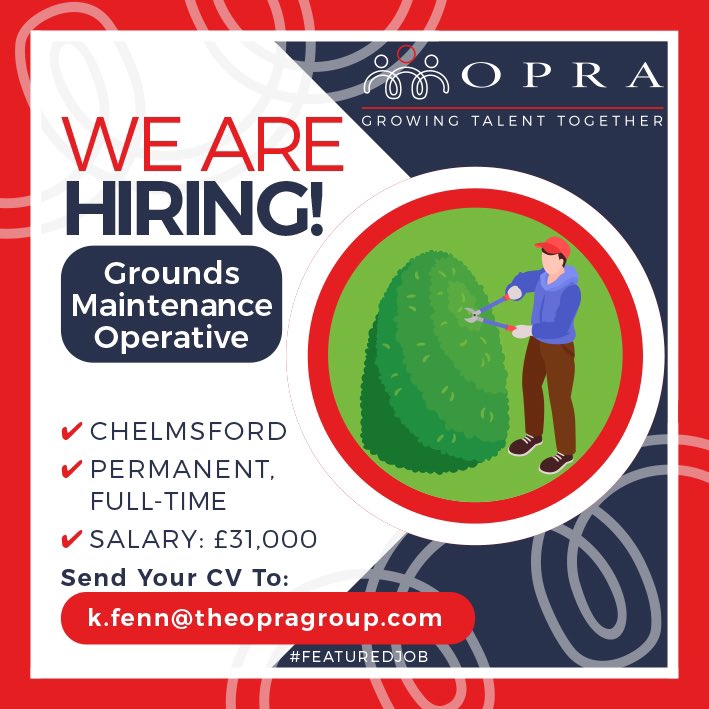 OpraGroup's tweet photo. 👨‍🌾 Grounds Maintenance Operative
📍 #Chelmsford
💰 £31K
⏰ Perm, Full-time
Gain qualifications &amp; skills to increase earning capacity &amp; potential to develop career within soft landscaping
📢 Apply to Katie
📧 k.fenn@theopragroup.com
☎️ 0204 548 5065
#Hiring #MondayMotivation #Jobs https://t.co/ielFWchyxP