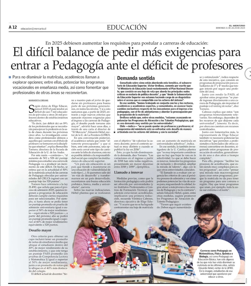 eligeeducar's tweet photo. 📰 @ElMercurio_cl publicó un reportaje a partir de las nuevas exigencias que existirán el 2025 para ingresar a carreras de pedagogía. La invitación fomentar vías de acceso alternativas a estudiar, sin dejar la calidad de lado. Lee el reportaje completo aquí: https://t.co/smuIKa41pv