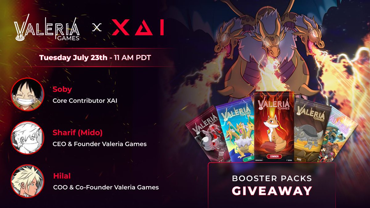 Join us tomorrow for a conversation with <a href="/ValeriaStudios/">Valeria Games</a> to discuss their move to Xai Games.

RT and join the Space for a chance to win their phygital trading card packs.

👇Set a reminder below