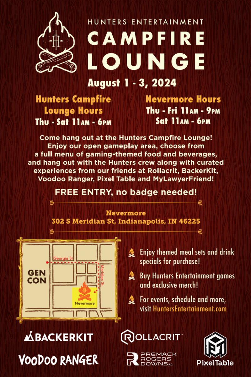BOOKMARK THIS: Our #GenCon2024 Campfire Lounge runs from 11AM-6PM from Thursday August 1st through Saturday August 3rd at Nevermore! Stop in for games, great food, &amp; hangouts with the Hunters Entertainment crew!

Nevermore is located at 302 Meridian St. Indianapolis, IN 46225 ✨