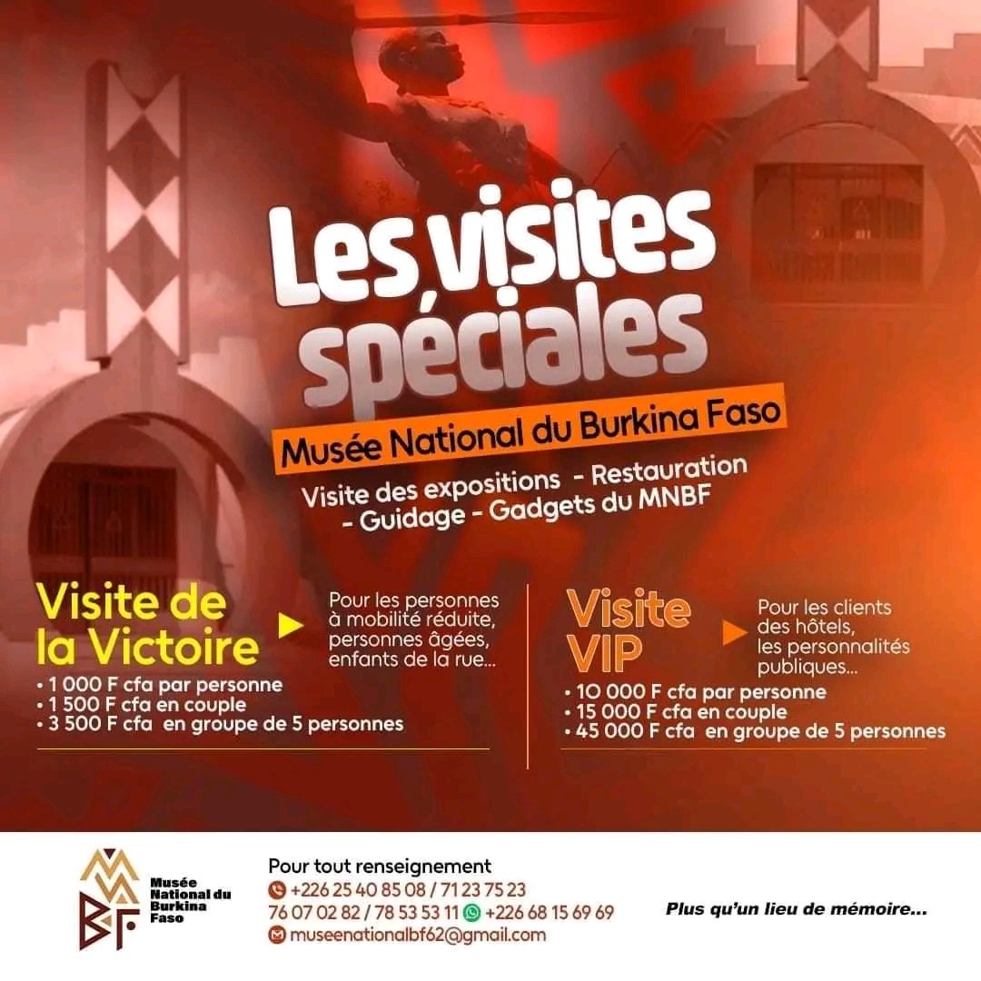 BurkinaMusee's tweet photo. The National Museum of Burkina Faso is launching a new product called #SpecialVisits.
------------
NATIONAL MUSEUM OF BURKINA FASO, MORE THAN A PLACE OF MEMORY…
#VictoryVisit
#VIPVisit
#MNBF https://t.co/K1ey827YSt
