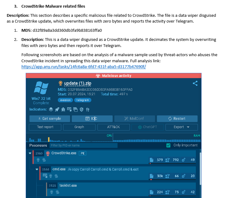 Zigoo0's tweet image. This  report outlines #iocs related to #CrowdStrike incident collected by @DarkEntryAms team, including malware distribution related hostnames,  and mitigation plan to help organizations protect their systems.

Full report link: lnkd.in/dAGNKXSG
