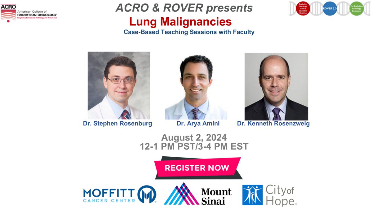 The next webinar from our #ACROpolis partner <a href="/RadoncROVER/">ROVERRO</a> is August 2 at 12 pm PST focusing on lung malignancies. Drs. Arya Amini, Stephen Rosenburg, and Kenneth Rosenzweig will lead case-based discussions for residents &amp; med students. ➡Register: forms.gle/iK5wan7CkjgrTU…