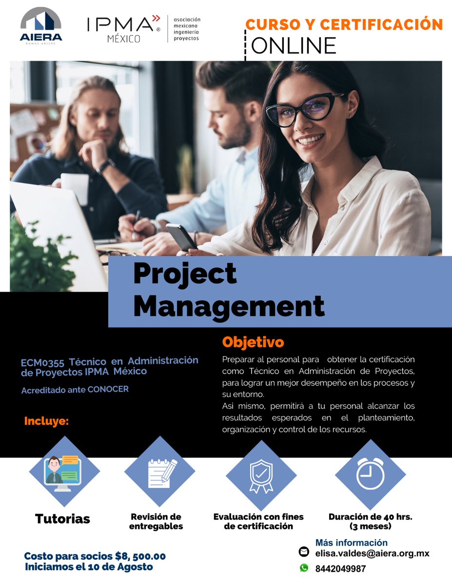 AIERAmx's tweet photo. AIERA te invita ⬇️⬇️
Curso y certificación online  "Project Management"
📆 Iniciamos el 10  de  Agosto
Para más información: elisa.valdes@aiera.org.mx https://t.co/AyIKEeREEv