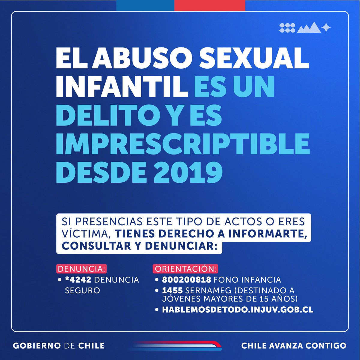 Tienes derecho a informarte, consultar y denunciar 🔵Desde 2019, los delitos delitos sexuales cometidos contra niñas, niños y adolescentes no prescriben. Eso significa que pueden ser denunciados, investigados y penalizados sin que se estipule un plazo para hacerlo.