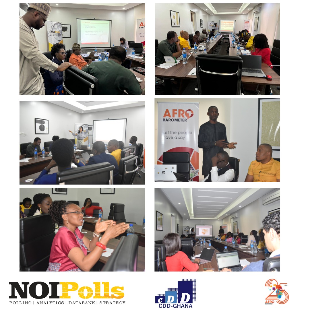 afrobarometer's tweet photo. Day 1 of the Afrobarometer basic analysis training workshop has successfully ended! Our capacity building managers, Dominique Dryding and Jason Owen, led discussions on Afrobarometer's mission, methodology, and sampling techniques. Participants also explored fundamental data concepts and learnt to interpret data visualizations. 

Stay tuned for more updates! 

#TeachingAfrobarometer #VoicesAfrica #AfrobarometerAt25