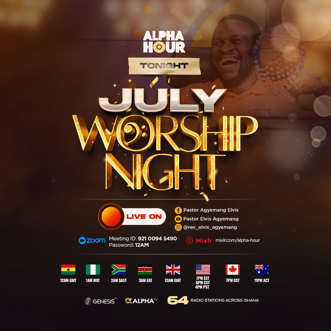 REAgyemang's tweet photo. Tonight marks the greatest night of every month. No Alpharian must miss out on this moment, not even a second. It is in an atmosphere of worship that the unimaginable happens to humanity. 

We shall hear testimony of total transformation after the July worship night tonight. People will emerge from nothing into the effulgence of God's goodness and glory. 

I am excited already for tonight's worship session on Alpha Hour. I can't wait to see you at 12 a.m. GMT. Please invite everyone you know to this unforgettable encounter on the Altar of Fire. We will worship to emerge, ayaaa🔥🔥🔥