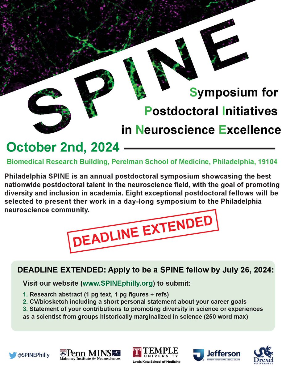 do you love philly? are you a brilliant, up-and-coming scholar in neuroscience? apply to be a SPINE fellow! fellows will journey to philly, present their work at a symposium, and meet with local faculty. the deadline is july 26th, so apply now and reach out with questions!