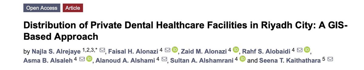 FONAZI's tweet photo. الحمدلله تم نشر بحثنا العلمي بعنوان:
Distribution of private dental healthcare facilities in Riyadh city: a GIS based approach 
توزيع عيادات طب الأسنان الخاصة في مدينة الرياض باستخدام نظم المعلومات الجغرافية.

جزيل الشكر لزملائي وأعضاء الفريق البحثي:
د. زايد العنزي: @zonazi527 
د. رهف العبيدي: @RahafAlobi 
د. أسماء الصالح: @AsmaBandar 
د. العنود الشامي: @thethreeaaa 
د. سلطان الشمراني: @iSultan__ 
د. سينا توماس
بقيادة د. نجلاء الرجيعي: @NAlrejaye 

الورقة البحثية كاملة هنا: 
https://t.co/dG9lMNiRuW

للتفاصيل تابع في الأسفل: