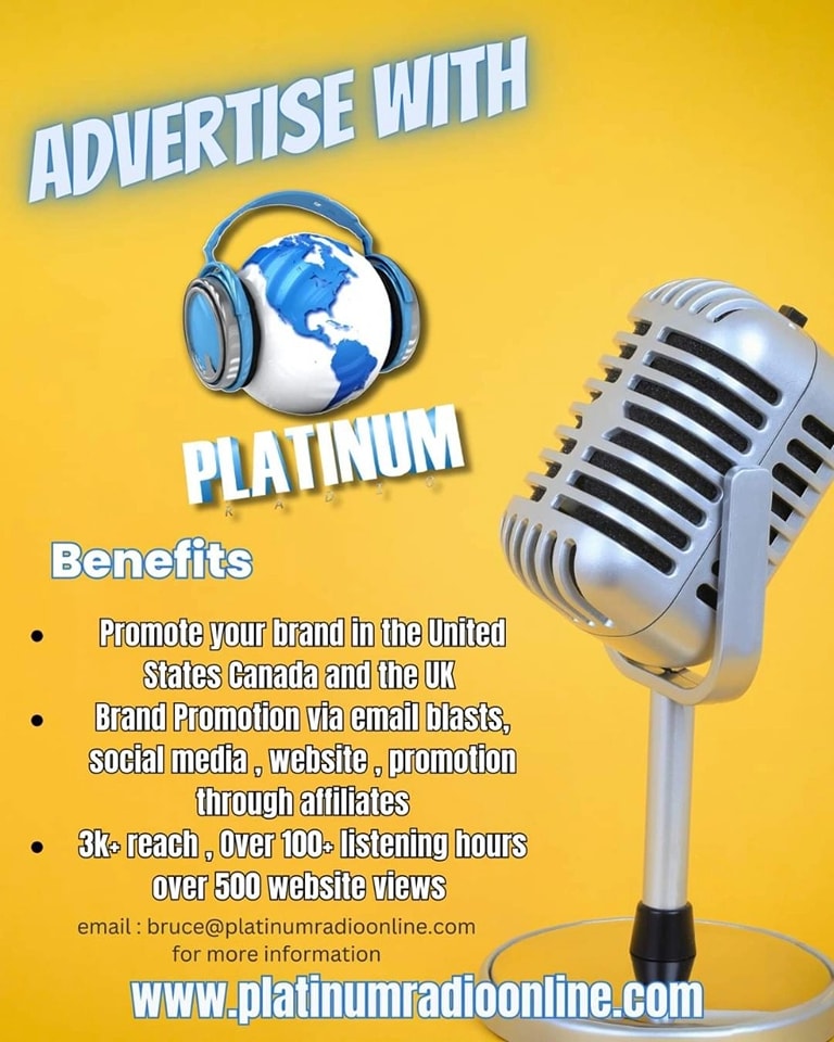 ATTENTION BUSINESSES Platinum Radio is here to help you succeed. Promote your product and or service with "Platinum Radio" Contact Bruce Anderson by email at bruce@platinumradioonline.com or call/text (517)213-5085