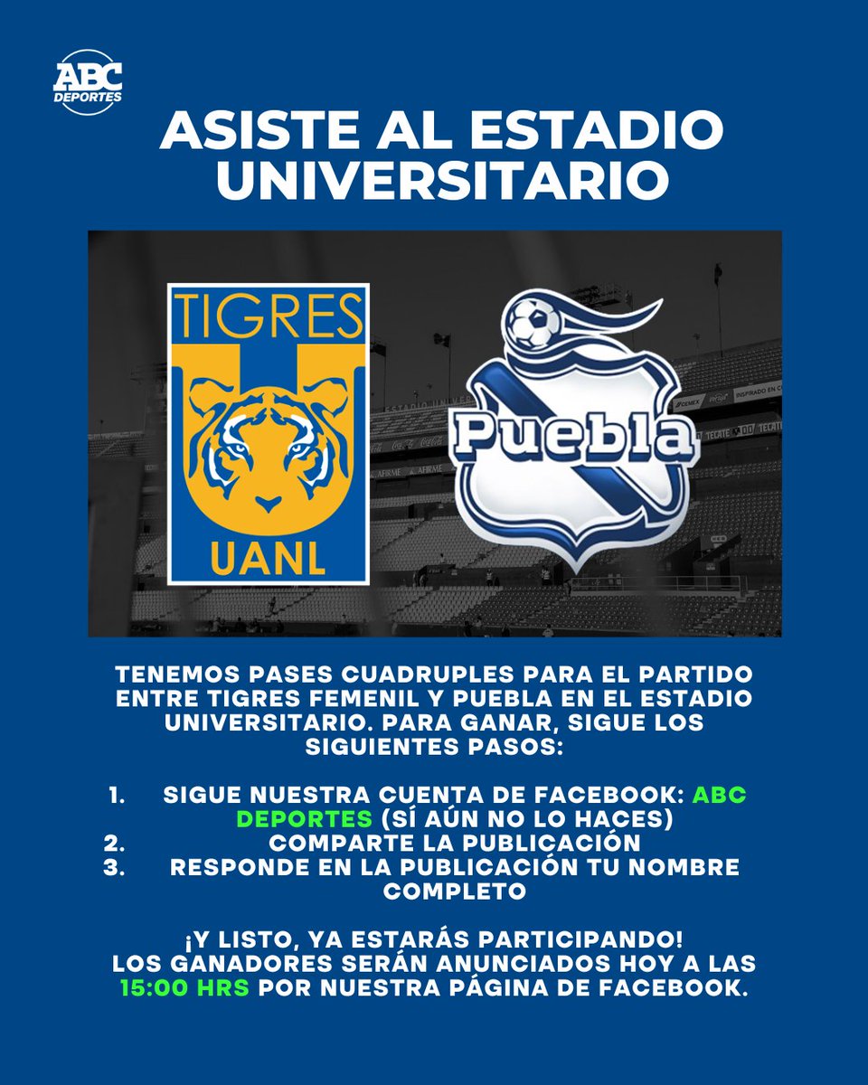abc_deportes_mx's tweet photo. ¡🎫 PARTICIPA Y GANA CON ABC DEPORTES 🎫!

Tenemos boletos para el duelo entre Tigres Femenil y Puebla en el Estadio Universitario, sigue las indicaciones de la imagen y estarás participando. https://t.co/NVHVVaKQC6