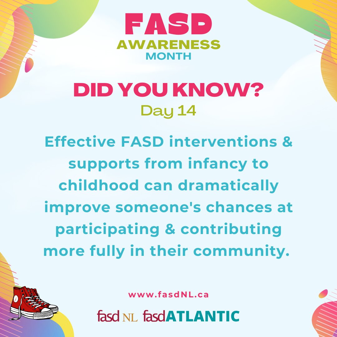 #DidYouKnow: Day 14!

Effective FASD interventions and support from infancy to childhood can dramatically improve someone's changes at participating and contributing more fully in their community.

#FASDawareness 🧠