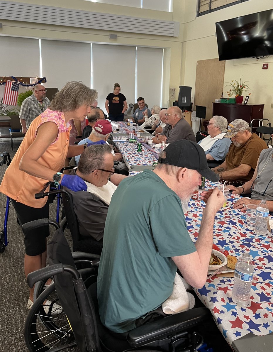 WDVA's tweet photo. Our Veterans at the Washington Veterans Home in Port Orchard were treated to a delicious lunch of Texas Chili, cornbread, and Watermelon courtesy of the amazing volunteers from Bremerton Elks BPOE 1181. https://t.co/SgolMvEJcY