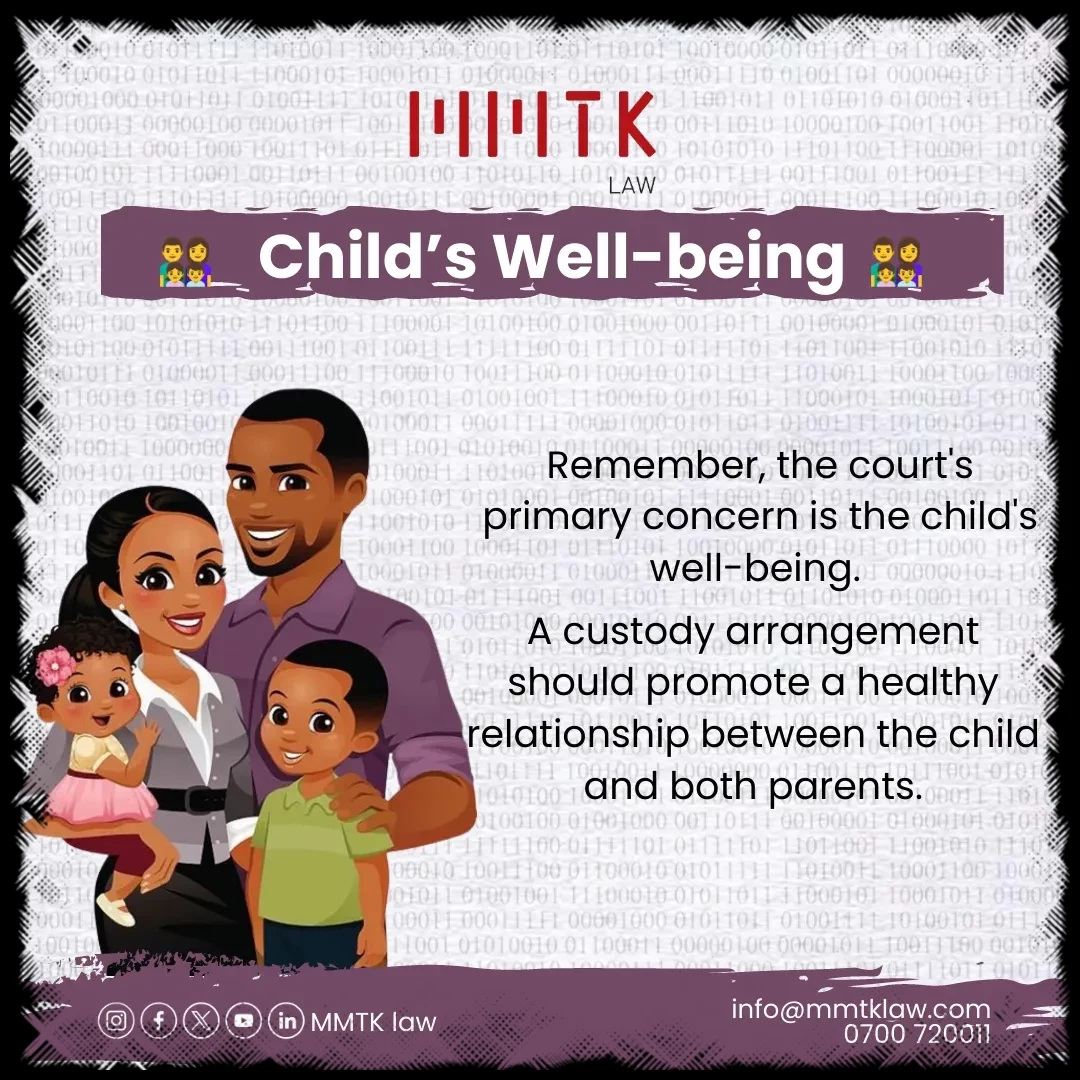 MMTKLaw's tweet photo. 𝐂𝐡𝐢𝐥𝐝’𝐬 𝐖𝐞𝐥𝐥-𝐛𝐞𝐢𝐧𝐠
Remember, the court's primary concern is the child's well-being. A custody arrangement should promote a healthy relationship between the child and both parents.

#childcustody #kenyalaw #parenting https://t.co/DOTJtnTXol