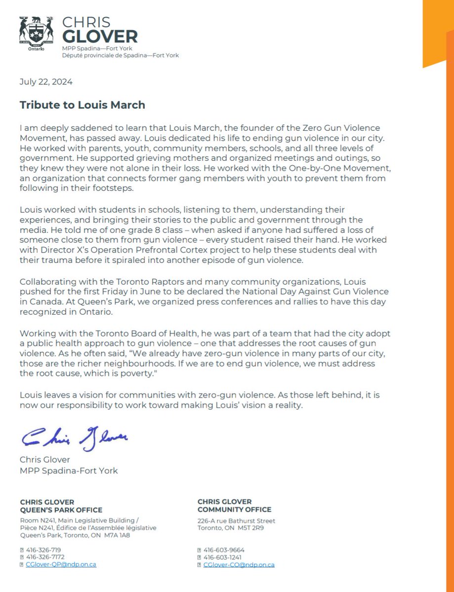 The city has lost a great warrior in the fight against gun violence.

Louis March brought us together, spoke with all three levels of government and provided support to families &amp; communities who had lost loved ones.

We must continue his work.

R.I.P. Louis.