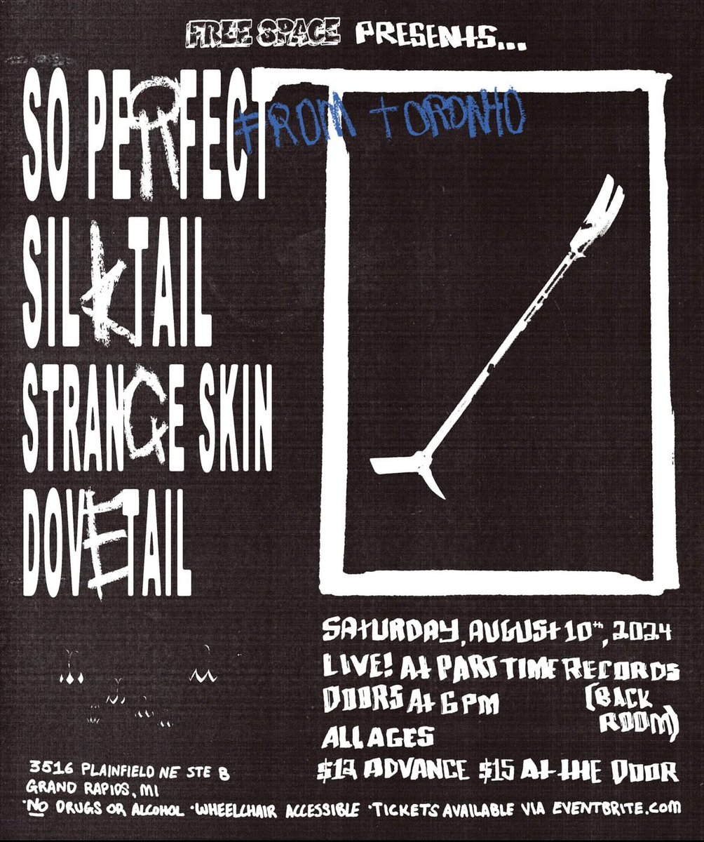 Sick of moshing? In need of catchy chorus’ and rock music? Goddamn, I’ve got a gig for you!
Free Space Presents: So Perfect (from Toronto) + Silktail + Strange Skin + Dovetail @ Part Time Records (back room) on 8.10.24.
Tiny room. Huge vibe.
🎟👉 linktr.ee/freespaceshows