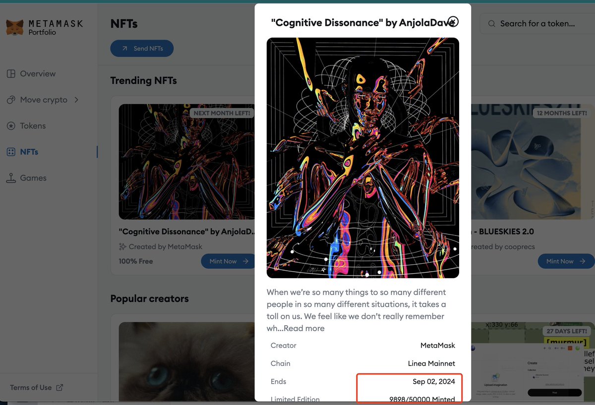 来不及了，速度干@MetaMask 小狐狸钱包创建的NFT https://t.co/YhXN3uzQq6 免费！创建者是小狐狸的NFT，  Linea网络不用gas，目前进度10000/50000 打完就没