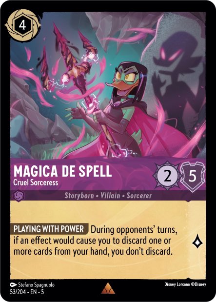 Okay, <a href="/GooglyGlimmers/">GooglyGlimmers</a> or <a href="/DisneyLorcana/">Disney Lorcana</a> , if an opponent issues one of these action cards against you while you have the new Magica DeSpell card, does it make you UNABLE to choose option one, or could you choose it, and just not discard? 🤔