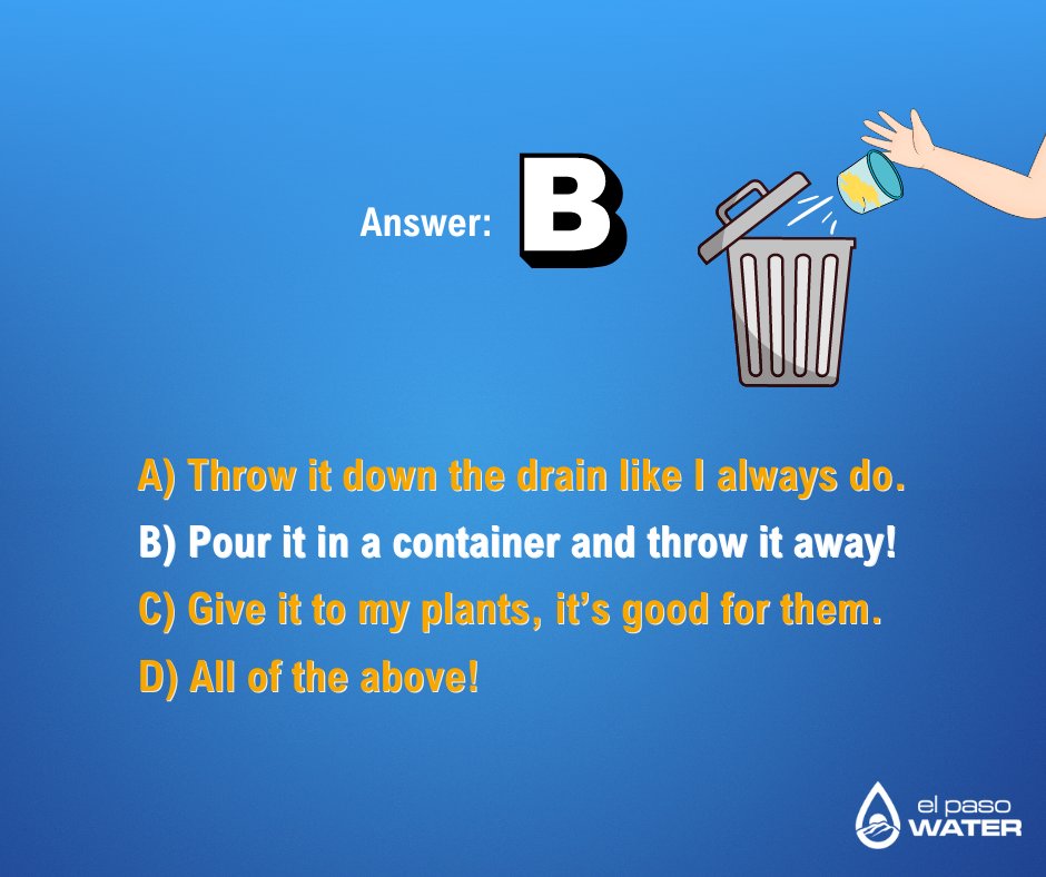 EPWater's tweet image. Ready for another game? This one's called, "Should that go down the drain?" Test your knowledge! Click the link to learn more about what you can do to clear your drains.  bit.ly/31JTUxp
#FOG #draingame #wastewater