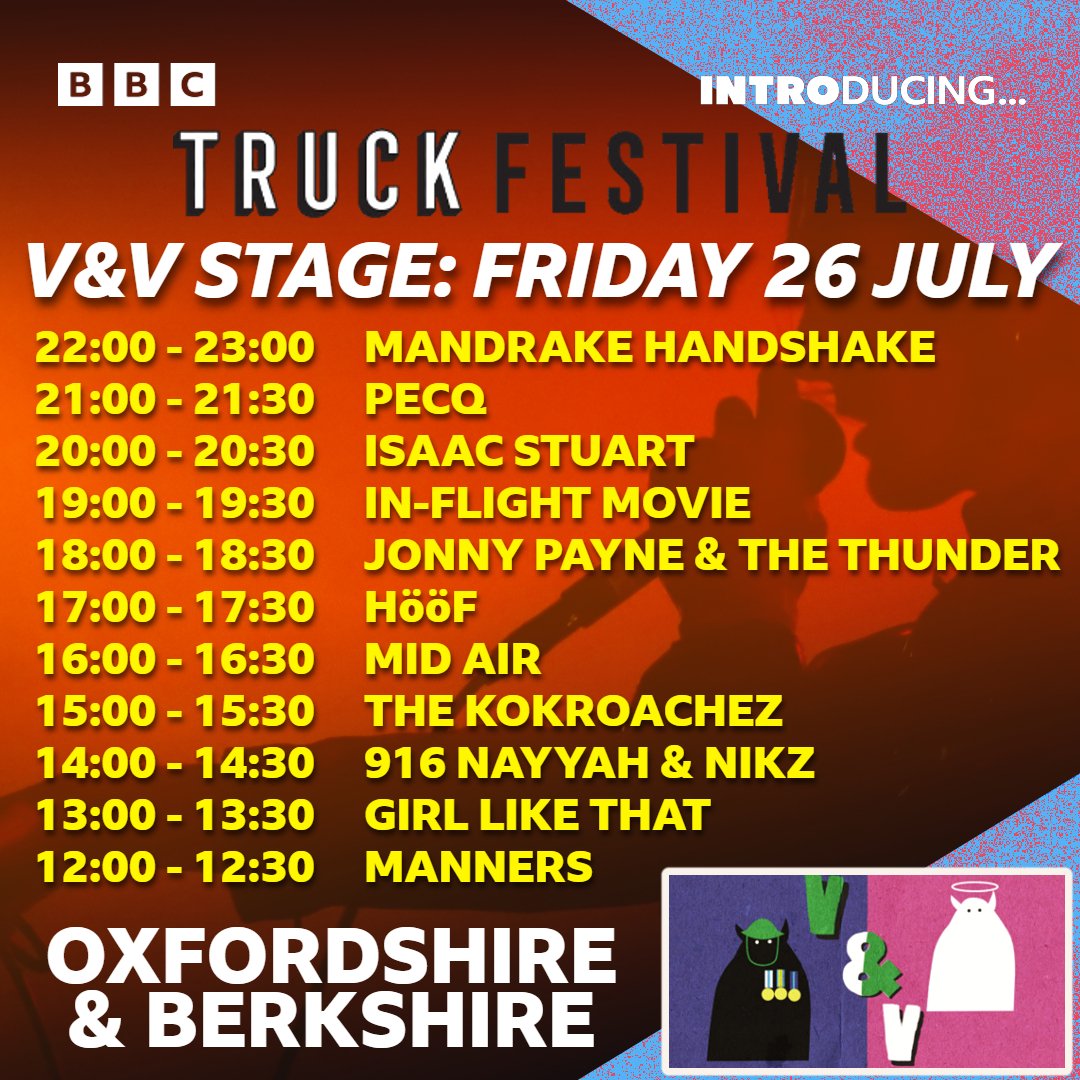 BBCOxford's tweet photo. Going to @TruckFestival? Don't miss this incredible line up of #Oxfordshire bands, Friday 26th at the V&V stage! 🙌 

👉 Curated by @bbcintroducing in Oxfordshire & Berkshire - hear all the live tracks, interviews & more with @DaveGilyeat on Thursday 1st August ⤵️
https://t.co/aByvD2XOAn