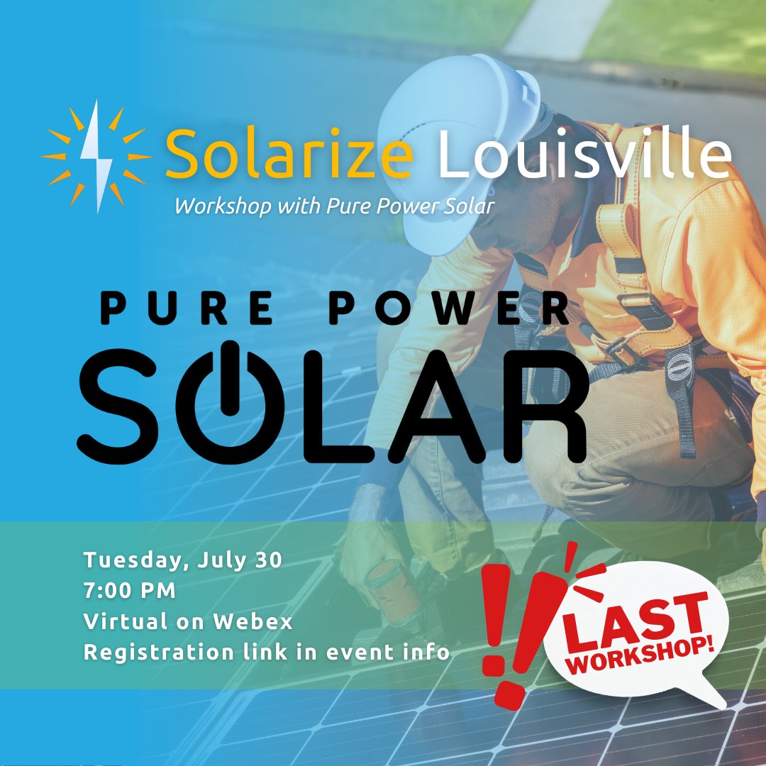 SolarizeLou's tweet image. Don't miss out on the final Solar 101 Workshop of 2024! Join Pure Power Solar and the Solarize Louisville team to learn about investing in solar power for your property.
Register at tinyurl.com/solarize-virtu….
