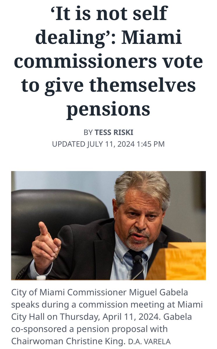 BecauseMiami's tweet photo. @miguelgabela You’re RAISING TAXES by robbing the city treasury for your personal financial gain — creating a defined benefit pension plan so rich, the private sector doesn’t do them anymore. And you have no actuarial study on its devastating financial impact. #CorruptionTax #BecauseMiami https://t.co/LDUyd1dUd6