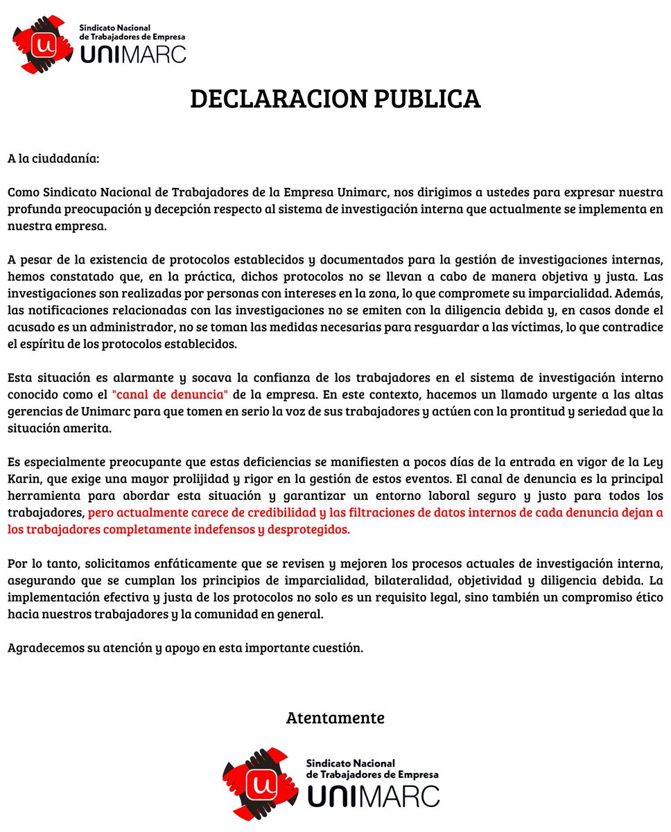 SindNacUnimarc's tweet photo. Nuestros trabajadores necesitan que los abusadores y acosadores dejen de disfrutar de la impunidad que la empresa @Unimarc les facilita con sus investigaciones Es necesario un nuevo mecanismo con investigadores imparciales sin intereses creados hoy @DirecDelTrabajo @david_acuna_ https://t.co/Z8R8JezmpD