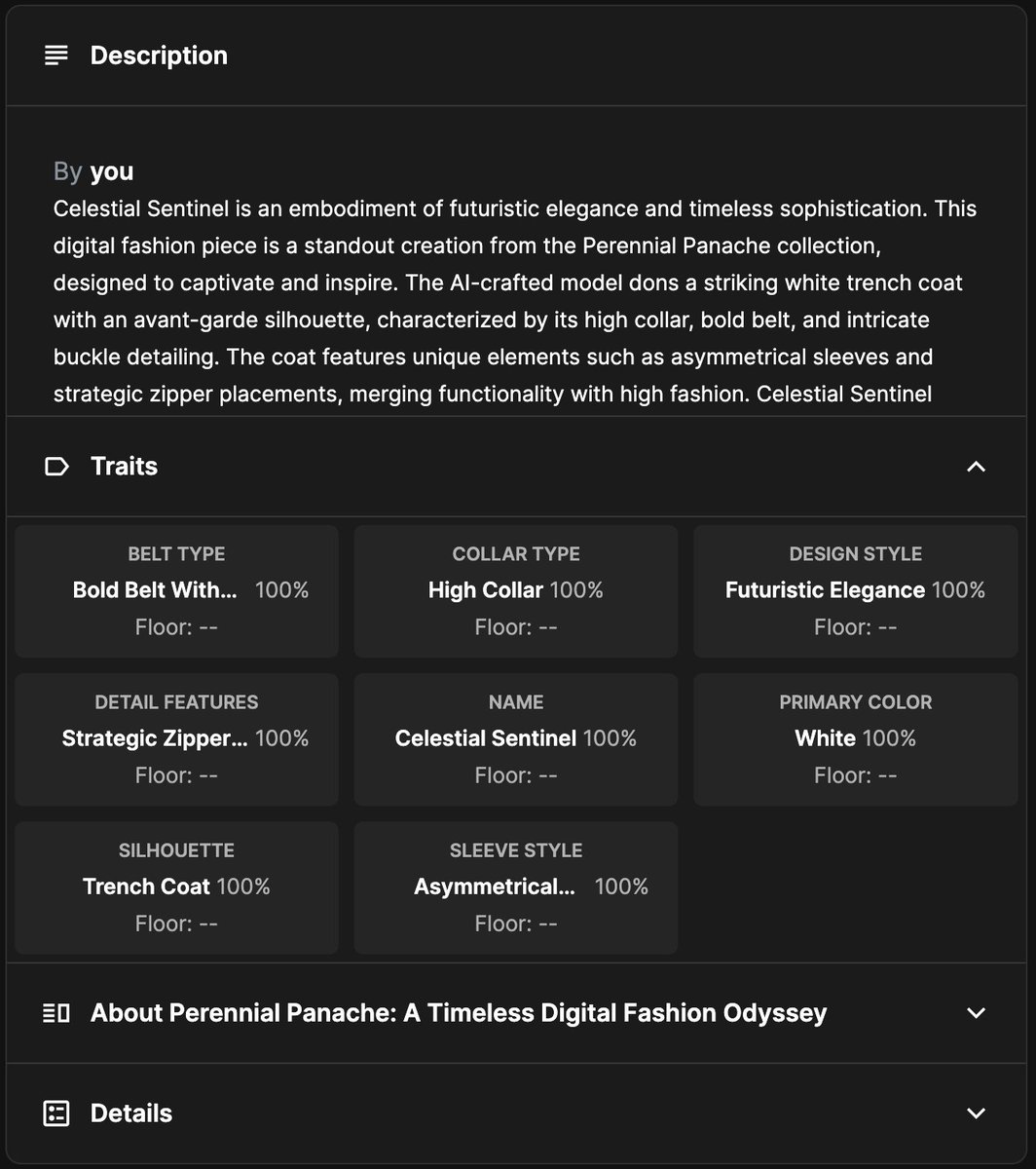 Celestial Sentine: is part of a limited edition series within the, Perennial Panache collection: A Timeless Digital Fashion Odyssey. 
listed for 0.05eth. 100% unique traits. 1/1

Live for Sale!
click to buy it!
opensea.io/assets/ethereu…
