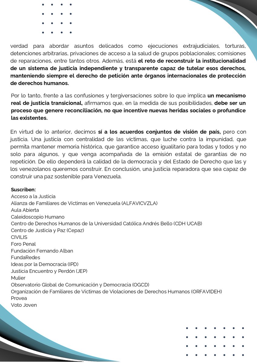 Las elecciones del 28 de julio son una oportunidad para avanzar hacia la democracia y facilitar procesos que promuevan la verdad, la justicia y la reparación, no la impunidad   #ReconciliacionSinImpunidad