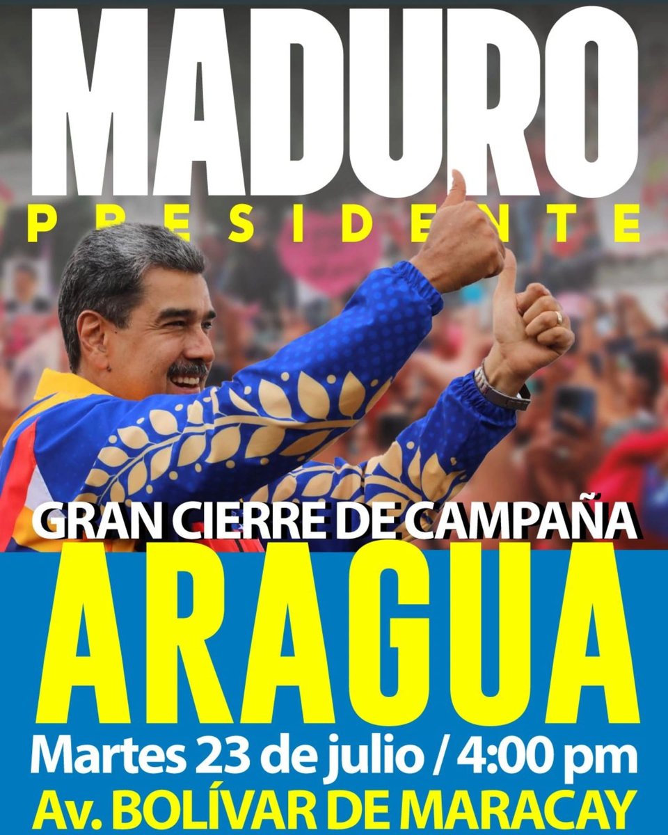 Vamos mañana todos y todas al cierre de Campaña de nuestro Candidato de la Patria <a href="/NicolasMaduro/">Nicolás Maduro</a> 
desde la Av. Bolívar 
¡Yo Voy a mi Gallo Pinto! 

#GenteDePaz 
<a href="/dcabellor/">Diosdado Cabello R</a> 
<a href="/_LaAvanzadora/">Yelitze Santaella</a> 
<a href="/Soykarinacarpio/">Karina Carpio</a> 
<a href="/PsuvAragua_ofic/">PartidoPSUVAragua</a>