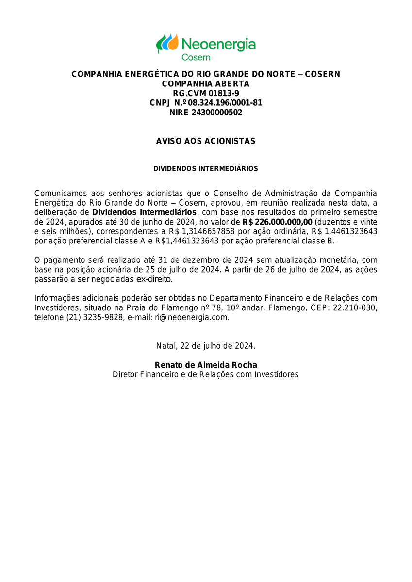 CalixtoCapital's tweet photo. #CSRN3 | COSERN | Aviso aos Acionistas https://t.co/b1PKVByBGn