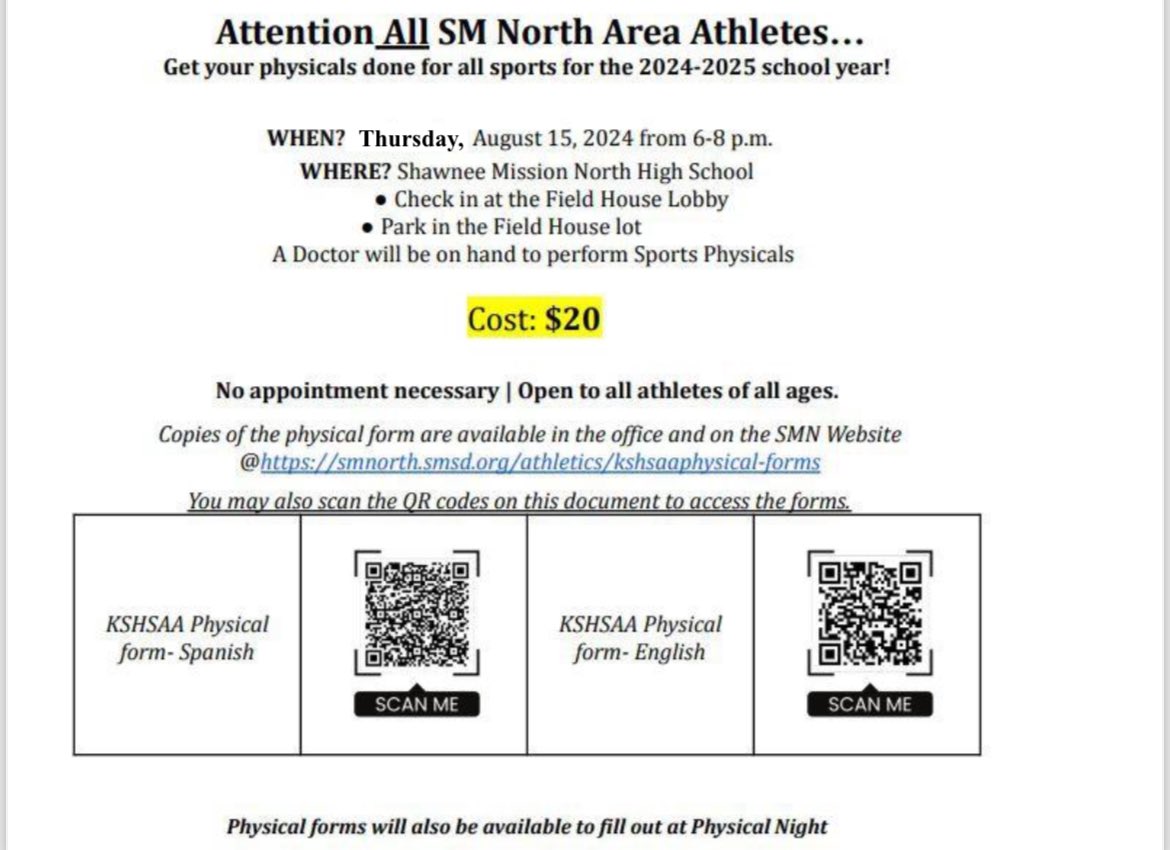 SMNBoysBB's tweet photo. 🚨North Area Students🚨

Our Annual Physical Night is fast approaching. Doctors will be onsite to perform sports physicals for all athletes

🗓️: Thursday, August 15th
🕰️: 6:00-8:00pm
📍: SM North FieldHouse 
💰: $ 20

Physical packets can be found via the link or QR code below… https://t.co/7AgtCODVYh