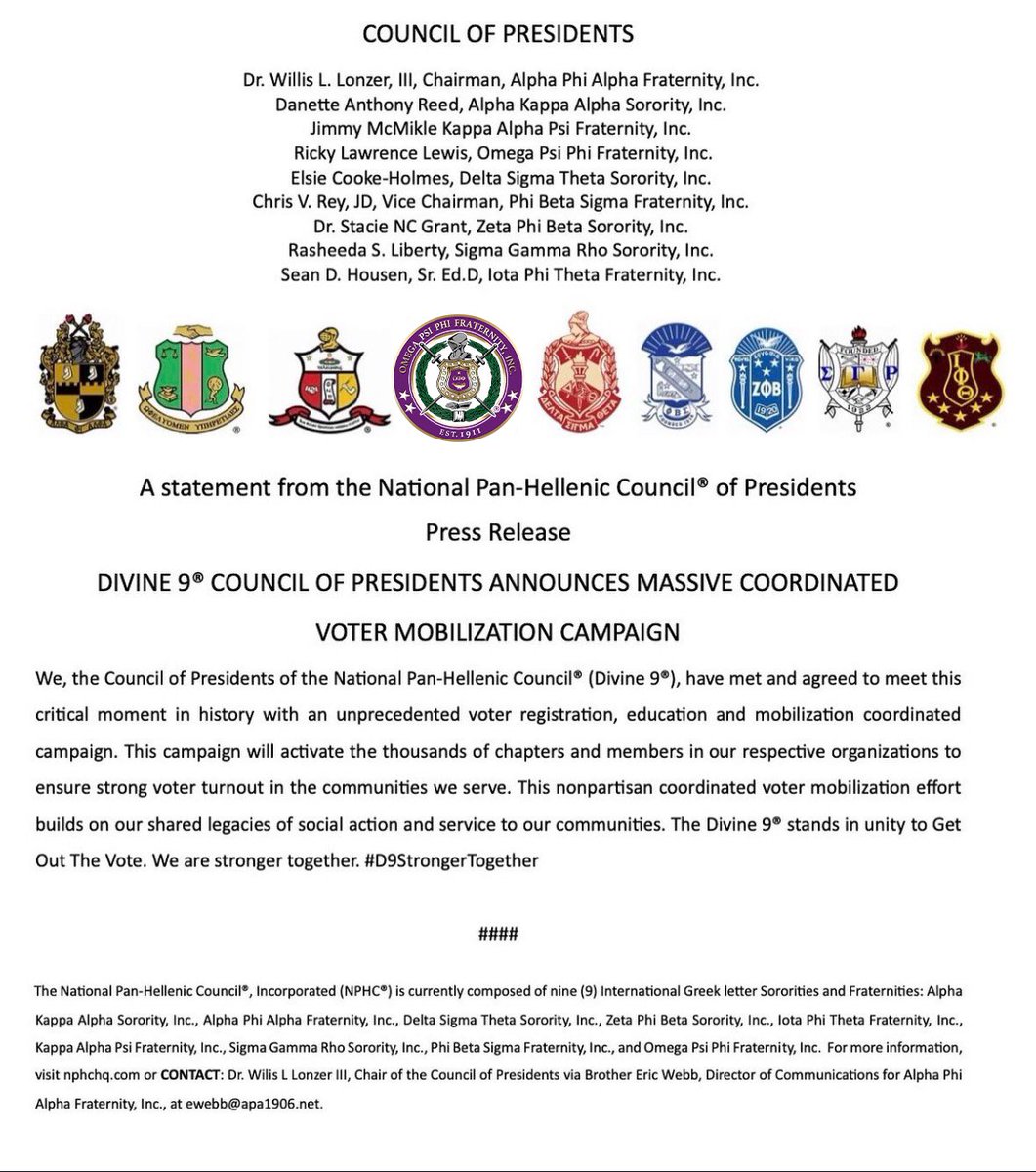 OfficialOPPF's tweet image. The Divine 9 stands in Unity to Get Out the Vote. #D9StrongerTogether #OPP1911 #UPLIFT