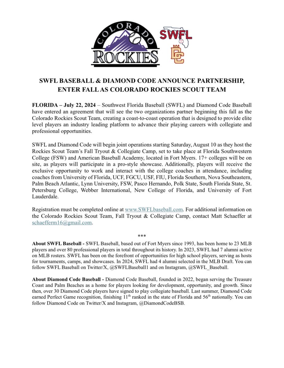 BREAKING: Diamond Code and SWFL Baseball join forces; set for partnership as Colorado Rockies Scout Team, beginning this fall with August 10 tryout &amp; collegiate camp in Fort Myers. 

To register for Rockies Scout Team Fall Tryout &amp; Collegiate Camp, go to SWFLBaseball.com