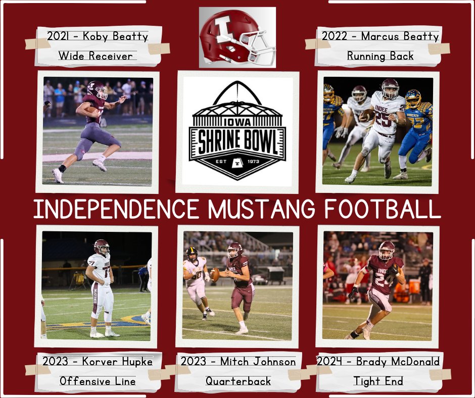 Independence Mustang Football has been represented in the Iowa Shrine Bowl Senior All Star football game for four consecutive years!

An awesome accomplishment!!

#MustangsOnAMission