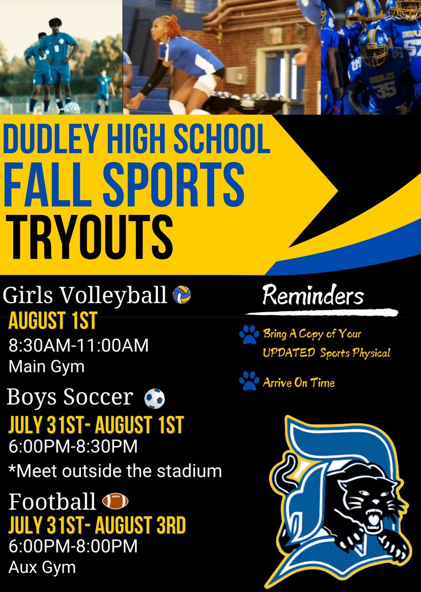 It’s time to kick-off our 2024-2025 Athletic Season!! Here are our Fall Sports Tryout Dates! We look forward to a legendary athletic season here in PantherLand! 💙💛
#DHS #FallSports #Athletics