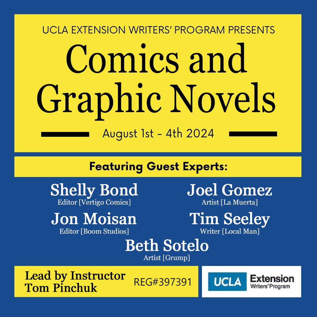 Join us for this accelerated learning experience and write your comic or graphic novel at the Writers Studio, hosted by the UCLA Extension Writers' Program!

Enroll at: uclaextension.edu/writing/creati…

#UCLAExtension #GraphicNovel #ComicBook  #WestwoodVillage #WritingEvents #WritingLife